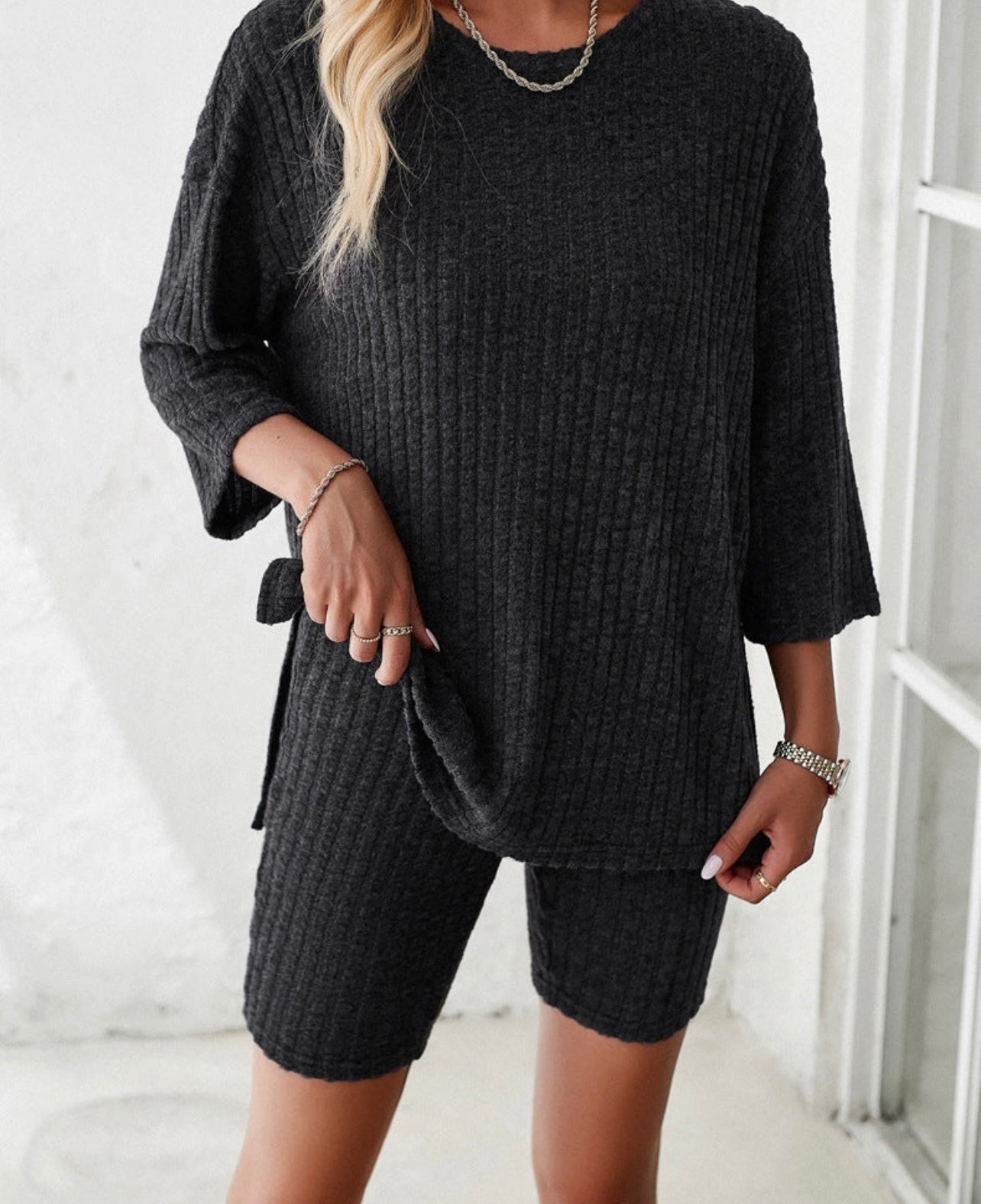 Rib knit casual short set