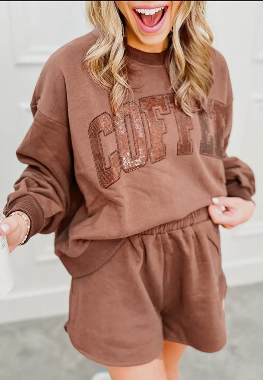 Coffee sequin long sleeve short set