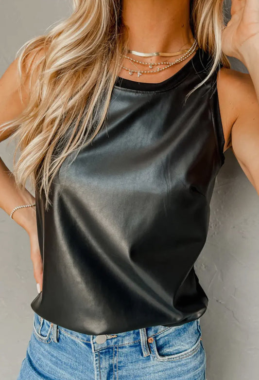 Black faux leather crew neck tank top