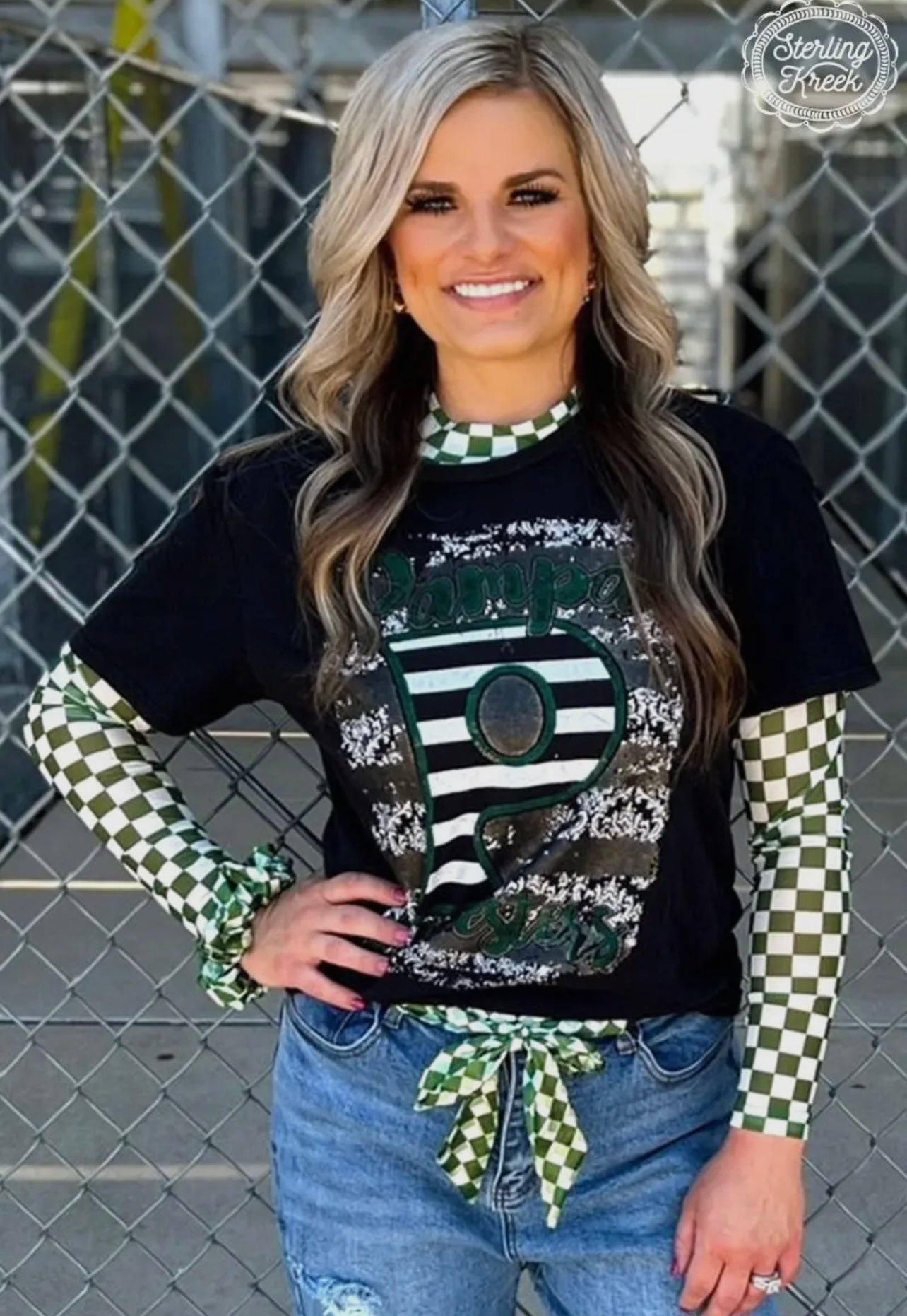 Green mesh long sleeve top