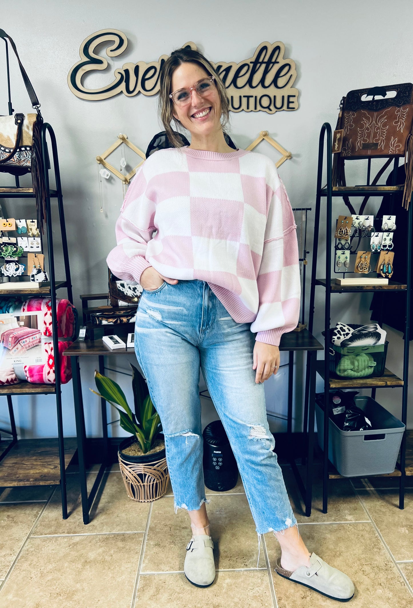 White and pink checkered sweatshirt