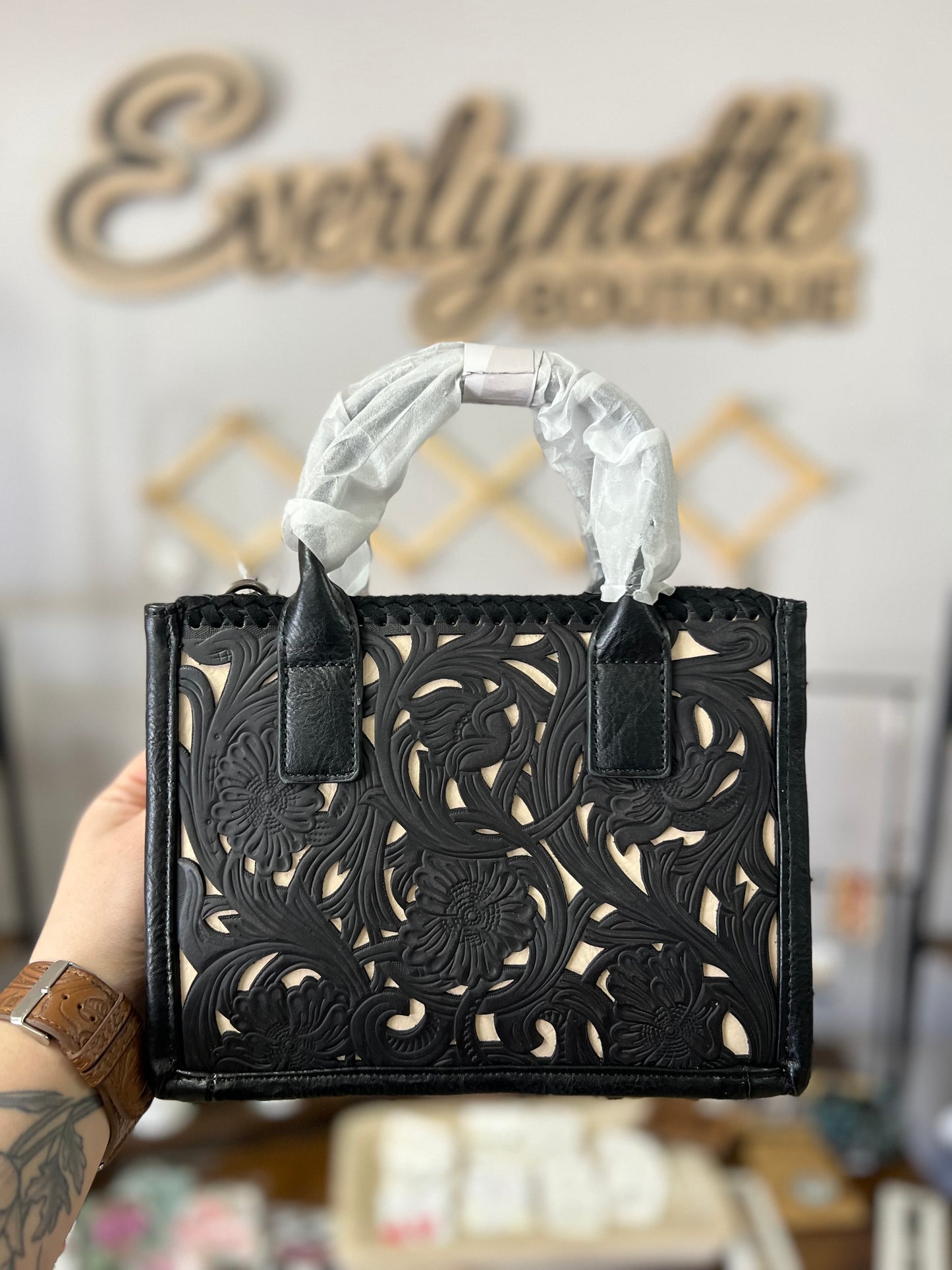 Trinity ranch floral tooled mini tote/crossbody