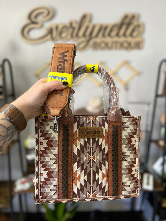 Wrangler southwestern pattern dual sided print tote/crossbody- brown