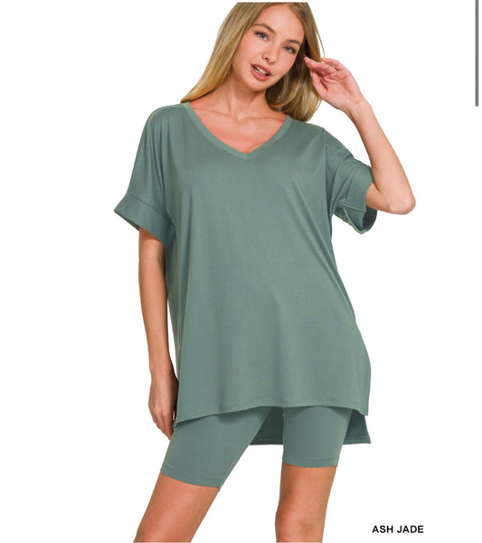 Two piece v neck biker short set